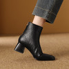 OLD-H168-22法式复古编织拼接马丁靴女方头高跟显瘦靴秋冬新款软黑色粗跟短靴 商品缩略图2