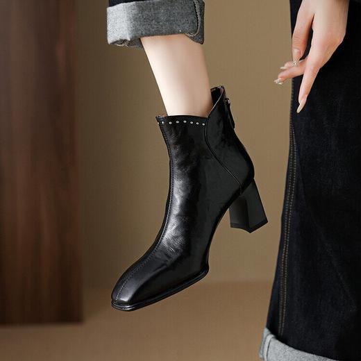 【预售5天】方头粗跟春秋单靴法式复古铆钉小踝靴女冬季新款羊皮高跟通勤短靴MLJ&C77 商品图4
