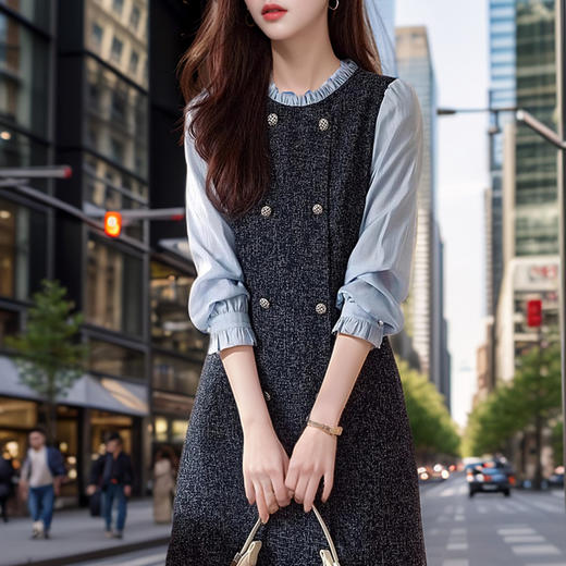 奢姿2024年秋季新款大码女装拼接减龄裙子胖妹妹立领假两件连衣裙9943855395 商品图3