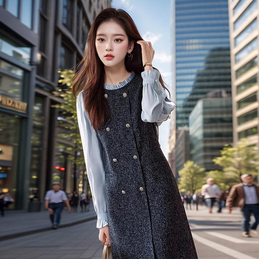 奢姿2024年秋季新款大码女装拼接减龄裙子胖妹妹立领假两件连衣裙9943855395 商品图2