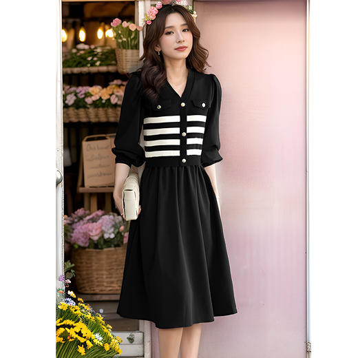 奢姿大码女装2024秋冬减龄条纹裙子胖妹妹V领针织假两件连衣裙9944826791 商品图3