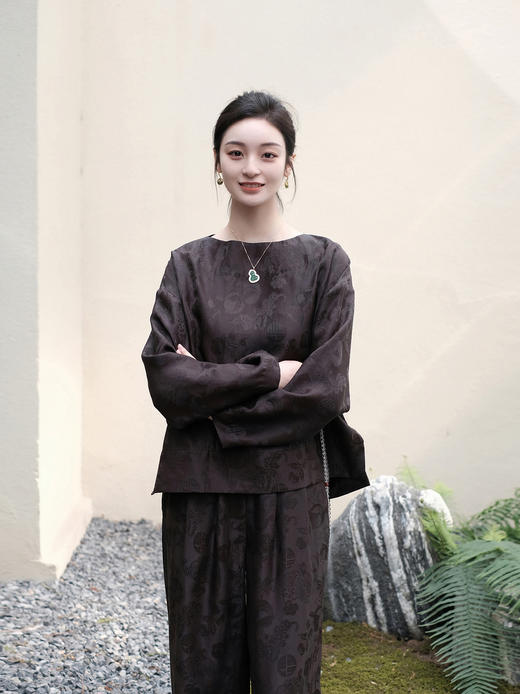 盛唐牡丹 |蜜褐色香云纱八宝如意上衣 商品图0