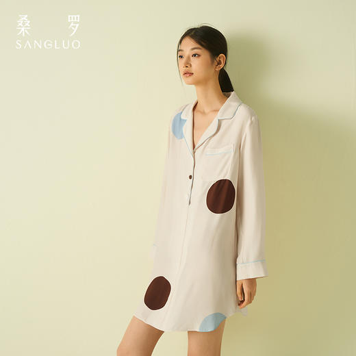 桑罗美拉德波点真丝长袖衬衫裙女短款简约可外穿睡裙睡衣24年新款 商品图0