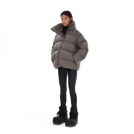 NUTH  立领羽绒服90白鸭绒宽松斜拉链加厚羽绒外套女 黑色/卡其灰 商品图5