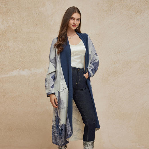 PH606斯尔丽24新款水墨印花国风感开衫廓形时尚显瘦长外套毛衫 商品图0