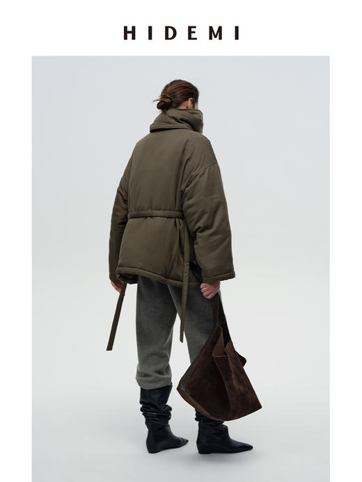 HIDEMI 极简设计感可拆卸围巾加厚款腰带廓形中短款棉服大衣外套 商品图5