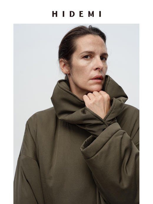 HIDEMI 极简设计感可拆卸围巾加厚款腰带廓形中短款棉服大衣外套 商品图8