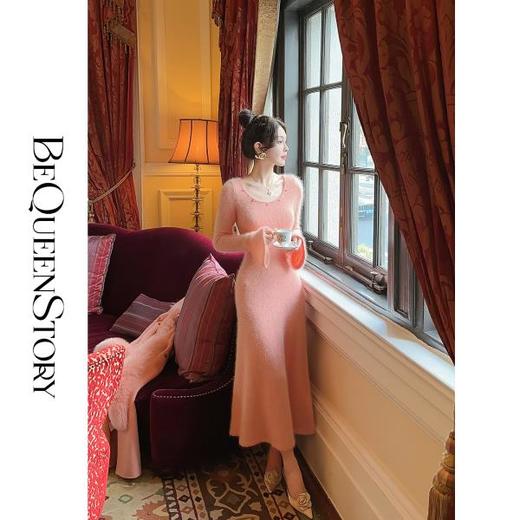 BeQueenStory【柔光曲线】气质柔软安哥拉兔毛显瘦U领鱼尾连衣裙女 商品图2