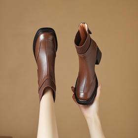 【预售5天】软牛皮棕色粗跟小短靴女秋冬配针织瘦瘦靴中跟方头马丁靴及踝靴LD&6971