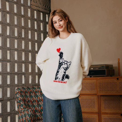 YKYB新款秋款毛衣宽松上衣圆领落肩柔软舒适猫狗情侣针织衫 商品图3