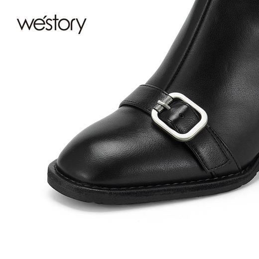 westory2024秋冬新款法式百搭真皮复古舒适皮扣粗跟短靴女W24DS84461 商品图5