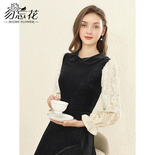 勿忘花黑色丝绒气质娃娃领连衣裙女2025春季新款拼接内搭显瘦裙子 商品图1