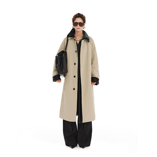 NUTH浅卡其色宽松中长款风衣皮领夹棉秋冬加厚大衣外套女 商品图0