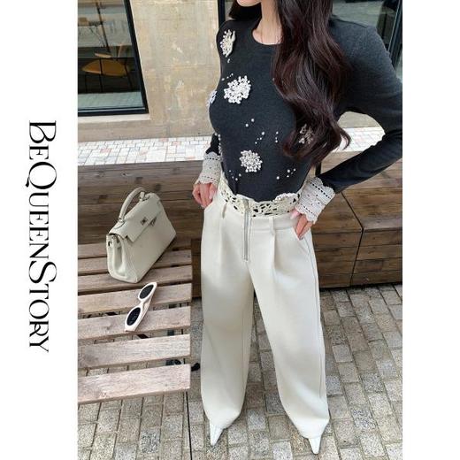 【大码捡漏，不退不换】【雪夜精灵】气质立体花朵印花拼接蕾丝袖口长袖上衣 商品图2