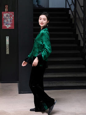 FAB黑色丝绒松紧腰女裤-祖母绿裤脚口