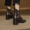 阿么手工女鞋复古高跟6CM英伦风牛皮粗跟短靴百搭方头切尔西靴女 商品缩略图1