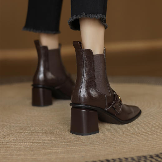 阿么手工女鞋复古高跟6CM英伦风牛皮粗跟短靴百搭方头切尔西靴女 商品图1