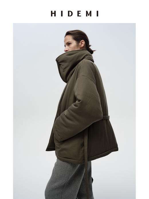 HIDEMI 极简设计感可拆卸围巾加厚款腰带廓形中短款棉服大衣外套 商品图7