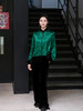 盛唐牡丹| 黑色丝绒松紧腰女裤-祖母绿裤脚口 商品缩略图1