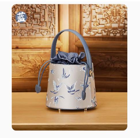 新中式国风经典灰蓝水桶包，单肩斜挎手提提花牛皮小包TX-JD170618 商品图0