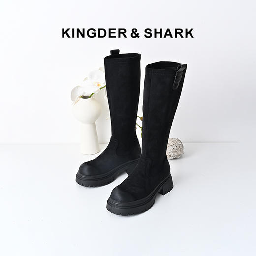 经典鲨2024年冬新款百搭圆头套筒显瘦平底舒适通勤长筒靴女KW328-D58031 商品图0