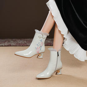 新中式国风刺绣，水钻粗跟舒适漆皮配旗袍时装短靴XC-2005-11