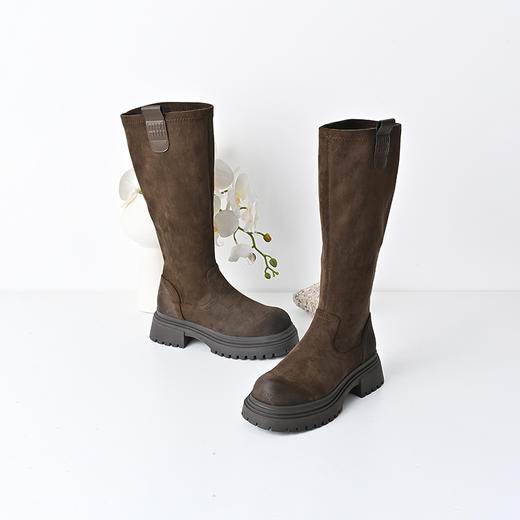 经典鲨2024年冬新款百搭圆头套筒显瘦平底舒适通勤长筒靴女KW328-D58031 商品图3