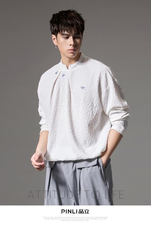 PINLI品立秋季新款新中式立领刺绣T恤国潮男提花宽松长袖上衣B243111029 商品图4