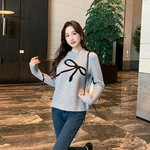 奢姿2025年秋季新款大码女装蝴蝶结休闲上衣胖妹妹减龄圆领针织衫9843690176 商品图2