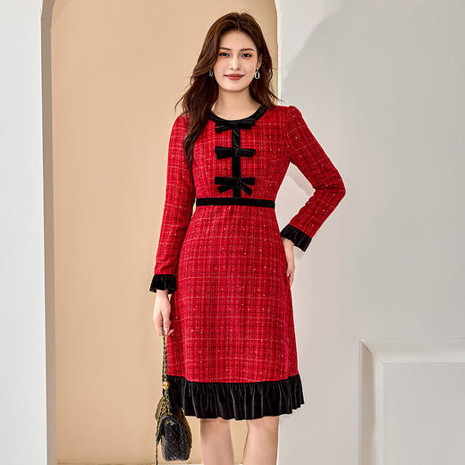 【清仓99】8/11奢姿2024秋季新款大码女装气质蝴蝶结裙子胖妹妹拼接小香风连衣裙9944890230 商品图0