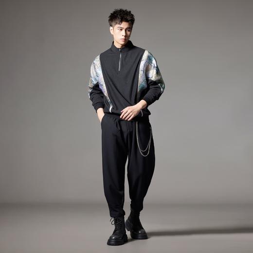 PINLI品立秋冬新款国潮拼接卫衣中国风宽松立领半拉链男上衣B243109067 商品图3