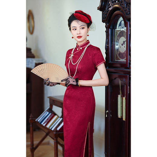 2024新品提花真丝桑蚕丝高端长款修身显瘦婚宴礼服旗袍YY-2489 商品图0