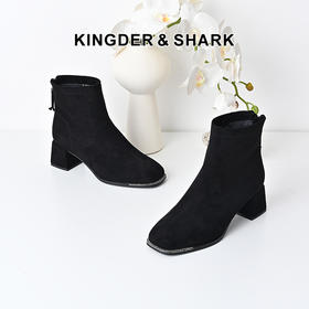 经典鲨2024年冬季新款时尚百搭黑色方头气质中粗跟加绒瘦瘦靴女KW359-D58011