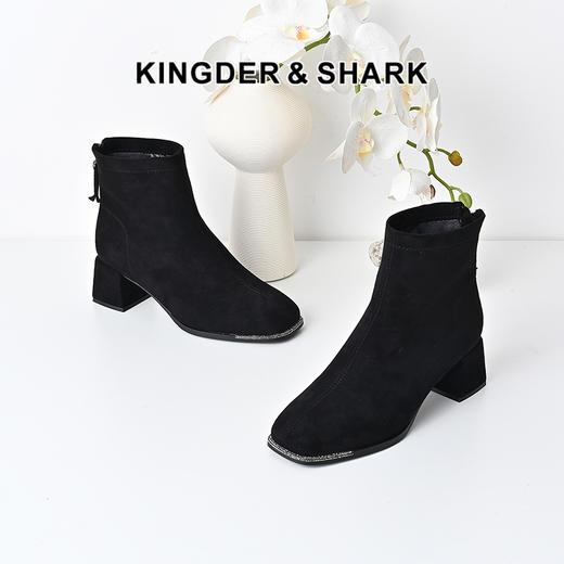 经典鲨2024年冬季新款时尚百搭黑色方头气质中粗跟加绒瘦瘦靴女KW359-D58011 商品图0