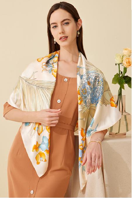 喜得宝重磅印花素绉缎大方巾105cm*105cm百搭丝绸礼品方巾 商品图5