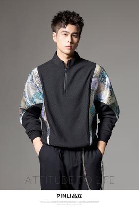 PINLI品立秋冬新款国潮拼接卫衣中国风宽松立领半拉链男上衣B243109067