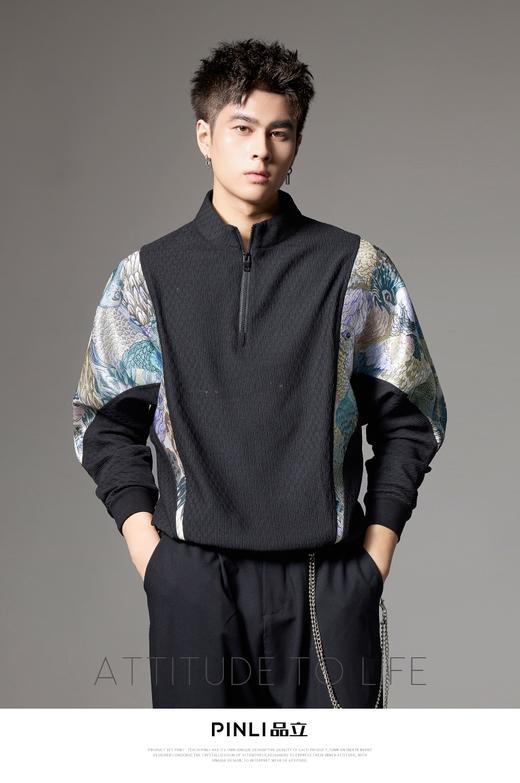 PINLI品立秋冬新款国潮拼接卫衣中国风宽松立领半拉链男上衣B243109067 商品图0