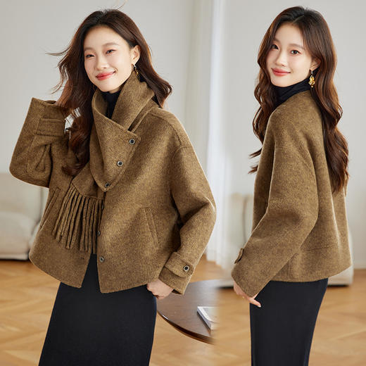 双面羊绒大衣设计感减龄，围巾领斗篷毛呢外套短款HR-ZYIF1120 商品图1