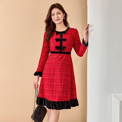 【清仓99】8/11奢姿2024秋季新款大码女装气质蝴蝶结裙子胖妹妹拼接小香风连衣裙9944890230 商品图1