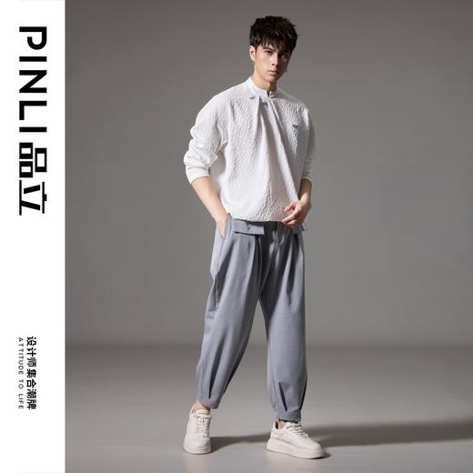 PINLI品立秋季新款新中式立领刺绣T恤国潮男提花宽松长袖上衣B243111029 商品图1