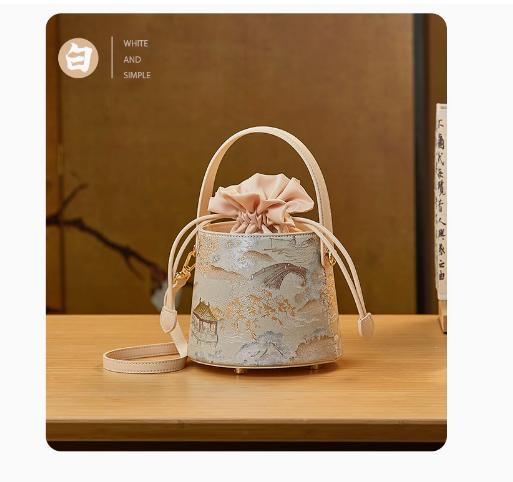 新中式国风经典灰蓝水桶包，单肩斜挎手提提花牛皮小包TX-JD170618 商品图5