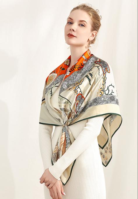 喜得宝重磅印花素绉缎大方巾105cm*105cm百搭丝绸礼品方巾 商品图9