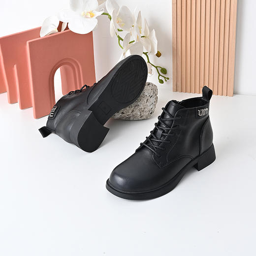 经典鲨20254年冬季新款百搭圆头侧拉链通勤舒适加绒保暖平底短筒靴女KW163-D58121 商品图5