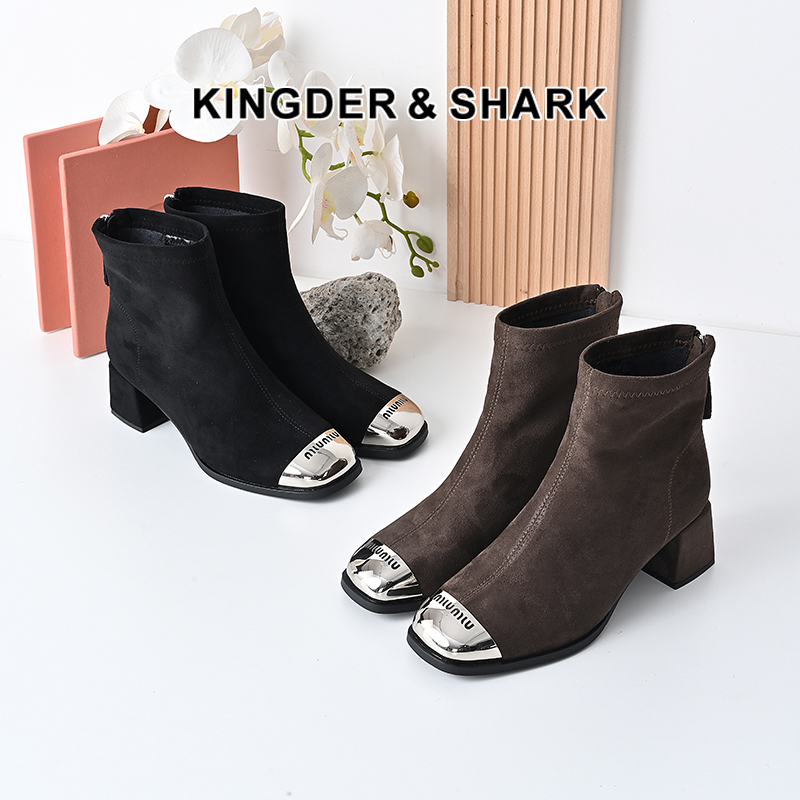 经典鲨2024年冬季新款时尚方头后拉链气质高粗跟加绒保暖显瘦短靴女KW359-D58021