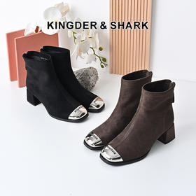 经典鲨2024年冬季新款时尚方头后拉链气质高粗跟加绒保暖显瘦短靴女KW359-D58021