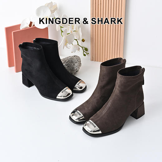 经典鲨2024年冬季新款时尚方头后拉链气质高粗跟加绒保暖显瘦短靴女KW359-D58021 商品图0