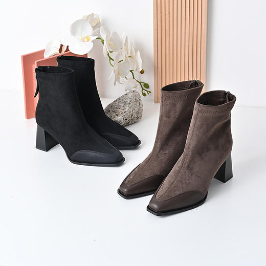 经典鲨2024年冬季新款气质小方头优雅迷人高粗跟时尚短靴女KW89-D58161 商品图1