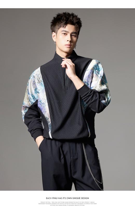 PINLI品立秋冬新款国潮拼接卫衣中国风宽松立领半拉链男上衣B243109067 商品图5