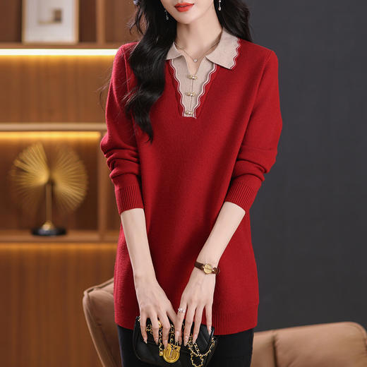 翻领拼色中长款毛衣，宽松休闲针织衫百搭打底衫CC-5-6115 商品图0