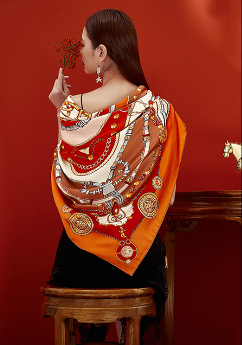 喜得宝重磅印花素绉缎大方巾105cm*105cm百搭丝绸礼品方巾